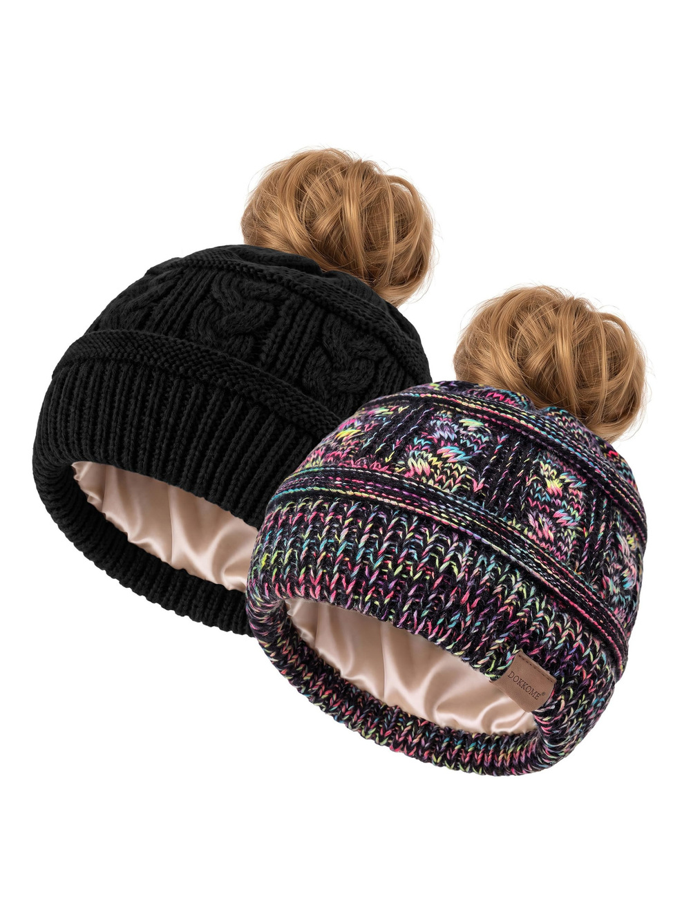 Ponytail Beanies for Women Satin Liner Winter | 2 Packs, Black, Mixed | Size OS